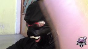 horny tgirls gangbang bukkake on a masked dude and he gets sprayed with lots of semen