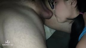 White girl gives a sloppy blowjob to her stepdad's Latino man with big balls