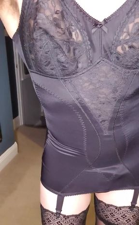 Feeling super horny in my black lingerie, sliding my black satin gloves over my silky corselette and stockings