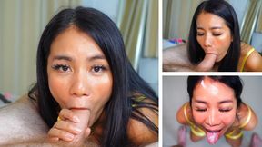 Yellow-drenched Thai teen sucks big white dick&#x1F346; in see-through lingerie