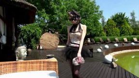 Brunette in stockings gets ass fucked outdoors