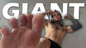 Giant trains in front of a tiny human and shows him his private parts