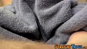 Straight thug talks to the camera while masturbating solo