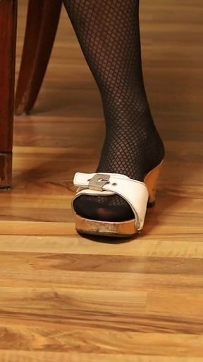 Retro Dangling in Patterned Nylons & Classic Wooden Mules