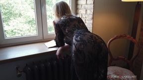 Sexy Busty Limona in Transparent Morning Dress Reads a Book