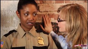 Two sexy lesbo babes share black cock in steamy threesome