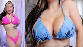 Stephanie flaunts gigantic melons, taunting with tantalizing tit-peel try-ons in sizzling bikinis