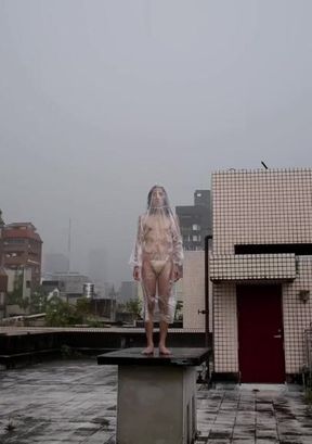 Rain Drenched Asian Trans Slut Gushes Cum on Rooftop Pedestal