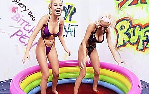 Jello wrestling and passionate fingering with two busty playful blondes