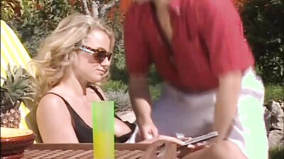 Watch these busty babes go wild in a garden threesome with a big cock and some pussy eating