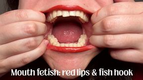 Mouth fetish: red lips and fish hook