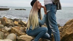 Cool girl Veronika Charm gives me a blowjob on the rocky beach