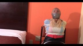 House wife mouth stuffed gagged with real duct tape and tight pantyhose over head