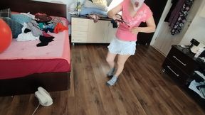 Amateur wife enjoys trying on clothes and cutting them.