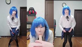 Ladyboy cosplay in black thigh highs gets face fucked by anime dick