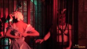 Two prisoners get their dicks sucked by a brunette chick before banging her