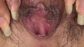 Slutty japanese brunette gets hairy pussy toyed and creampied