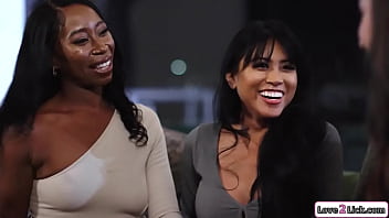Curvy brunette has open relationship with ebony gf and they have a 3some with a petite asian babe She licks the black girl pussy as she gets oral sex