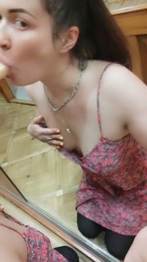 sucking dildo on the mirror