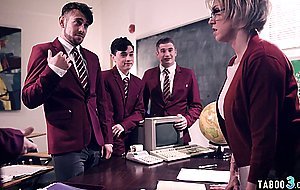 Four unruly students pressure mature teacher into rough gangbang