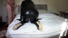 25 minutes fucking and sucking on condom catsuit and high heels