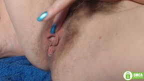 Blue Manicured Fingers Rubbing Big Clit. Hairy Redhead Pussy
