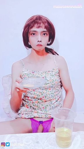 (part 2) First Time Tasting My Own Cum and Piss, Cum on Food Fetish, Asian Transgender Trap Shemale