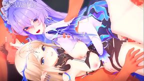 Two anime girls get fucked by a giant 3D dog at the same time