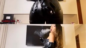 Leather ass tease and smoking - leather pants, leather gloves, leather corset