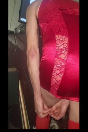 CD Michelle putting on thong bodysuit panties lingerie dress