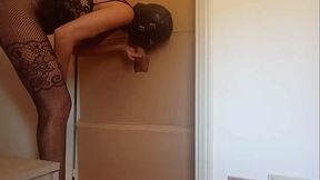 Preview - In a nylon catsuit and high heels I suck a cock and fuck it in a gloryhole until it cums in my mouth