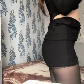 Sexy teen without panties in black transparent tights