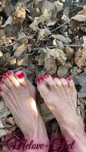 Melove Sexy Small Feet with Red Toe Nails in Leaves