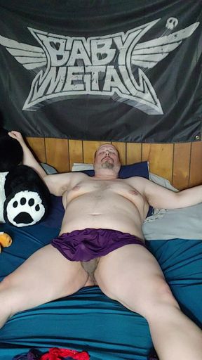 Chubby Guy Jerks off Wearing Women's Lingerie
