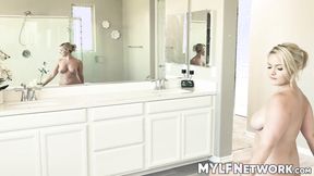 ”Alluring blonde Lisey Sweet rides a ripped man after taking a shower”