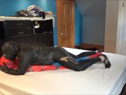 masked guy in orca wetsuit and leather jacket shoots load on spiderman dummy