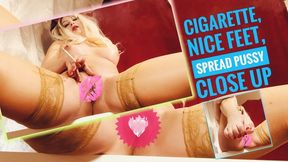 Cigarette, nice feet, spread pussy close up