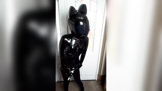 Cat Ear Helmet cunt with mouth inside Latex Suit Masturbates with Electric Masturbator