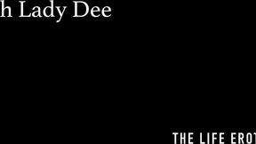 ”Skinny brunette Lady Dee fingers her wet muff & uses toys”