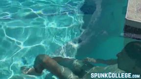 Hairy young man jerks off his big wet cock poolside