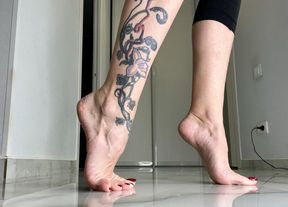 Tiptoe, highly arched feet, long toes and long legs