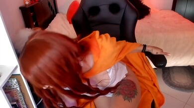 Redheaded solo girl teases with toys in a furry gaming chair