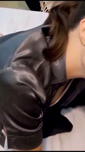127 - Amateur Slut, Black Leather Pants, Gray Satin Shirt, Beige Satin Panties, High Heels, Panty Rubbing, Blowjob&hellip;   Clip 3