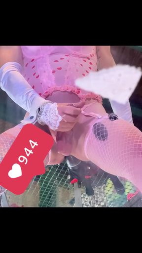 Pink Stocking Lingerie Shemale Riding Black Dildo on the Wall