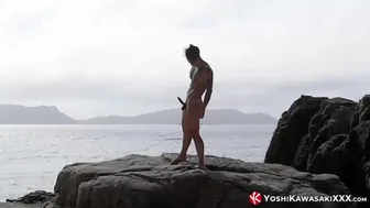 Tattooed Japanese stud Yoshi Kawasaki strokes big cock outdoors