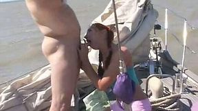 Perverted teen Kimberly gives blowjob to her boyfriend on a yacht