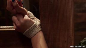 Blonde in wooden stock rough fucked