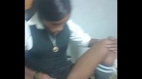 Petite 18 year old student spreads her pussy and play with it while the teacher watch and jerk off , she even wiggled her ass on his white cock