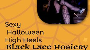 Haunted sexy black Halloween Heels and black lace hosiery on voluptuous Samantha38g