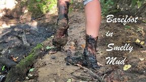 SweetLana walking barefoot through deep mud and smelly puddles, barefoot in mud, muddy feet